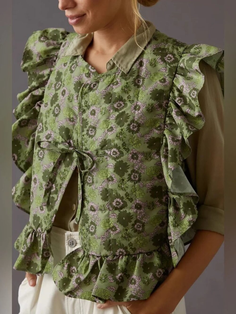 Anthropologie Olive Green Quilted Vest with Pink Floral Print